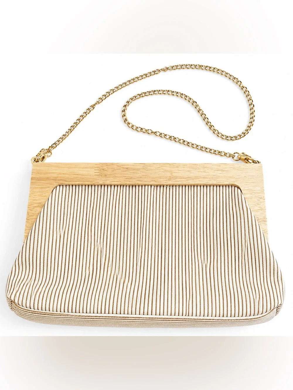 Wood Frame Canvas Crossbody Clutch Beige Tan Striped Removable Chain